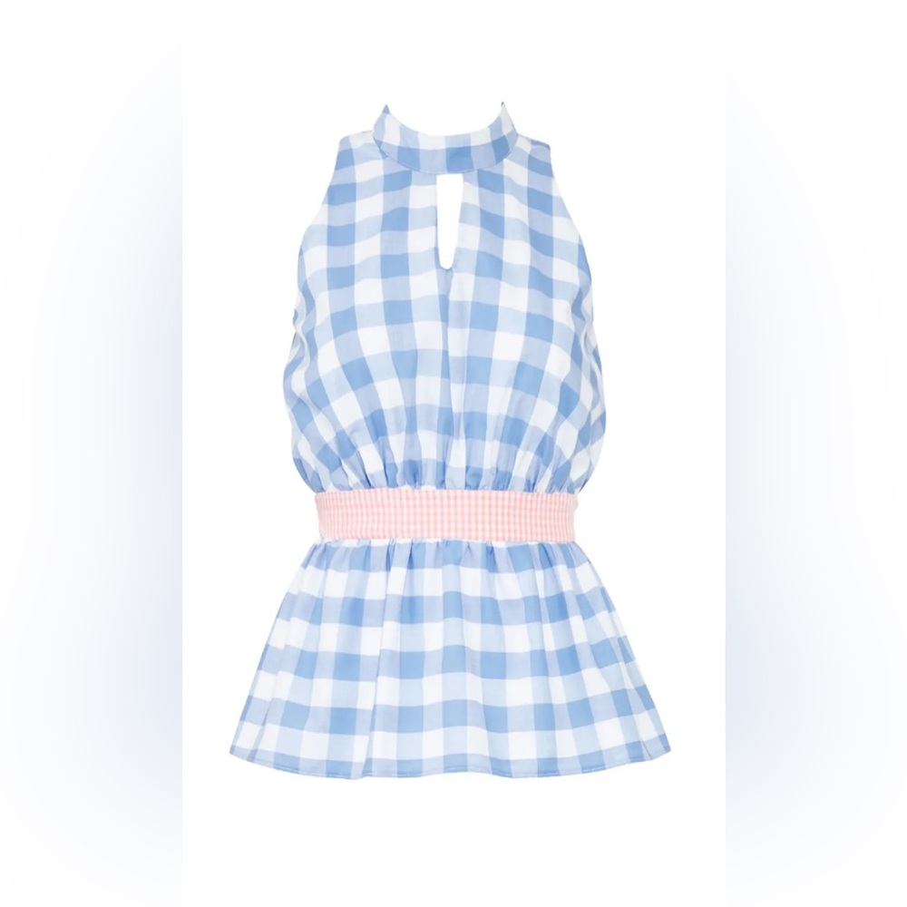 Blue and White Checkered Sleeveless Top with Pink Belt. MADE IN USA. Size 4